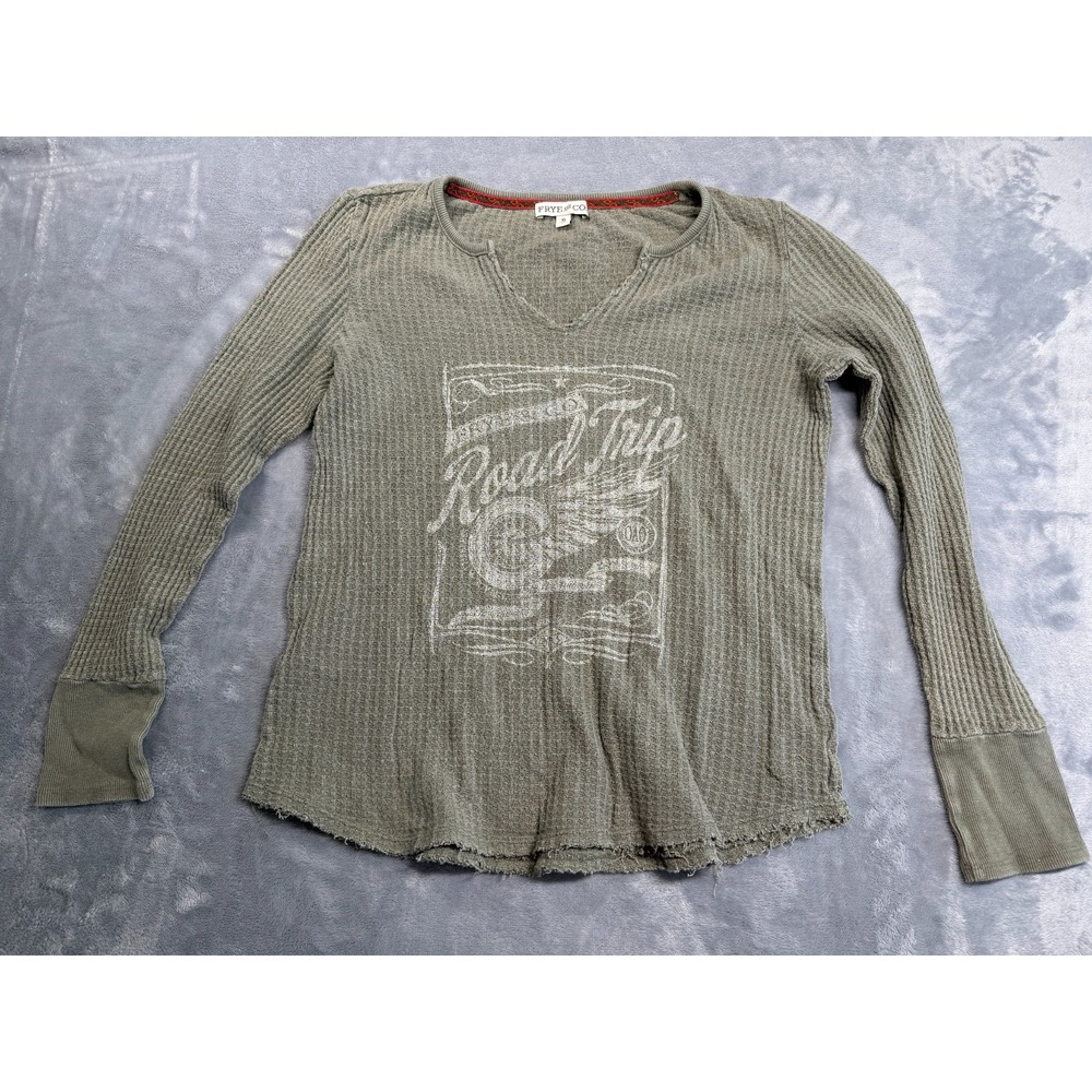 Frye & Co Road Trip T Shirt Womens XL Green Waffle Knit Slim Fit Split Neck
